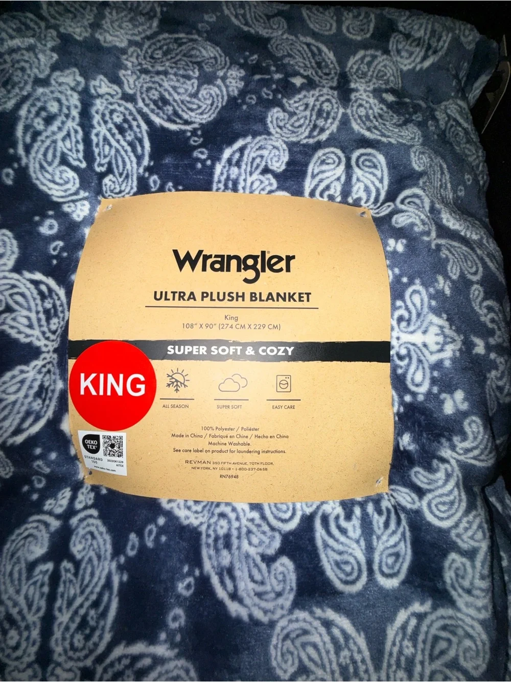 NEW Wrangler KING ULTRA PLUSH 108x90” BLUE WHITE PAISLEY THROW BLANKET SOOO SOFT